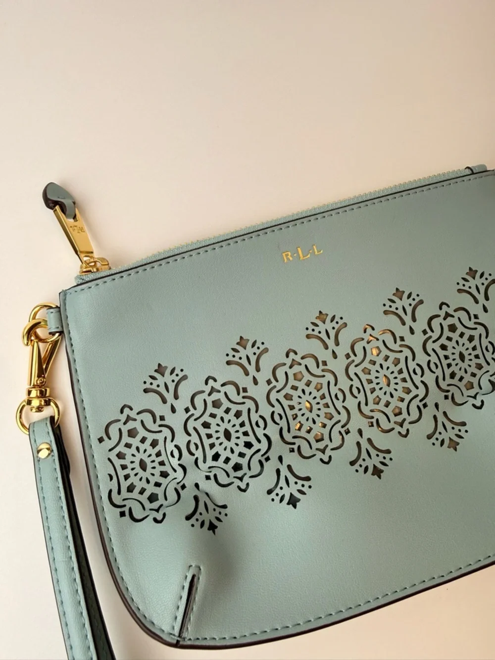Lauren Ralph Lauren RLL Wristlet Clutch Blue Laser Cut Pouch Gold‎ Logo Zip